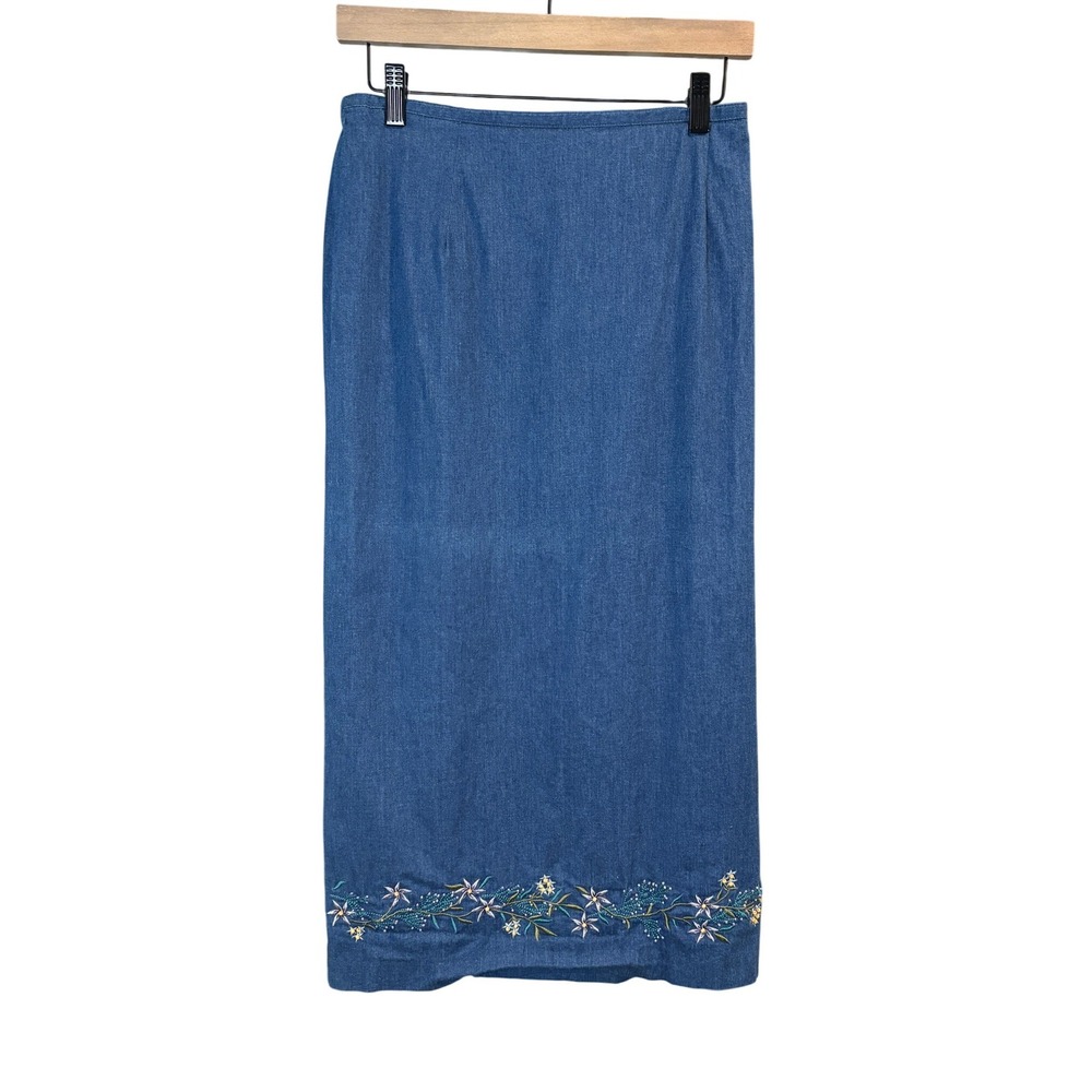 Alfred Dunner Petite Blue Denim Maxi Skirt Floral‎ Embroidered Beaded 10P